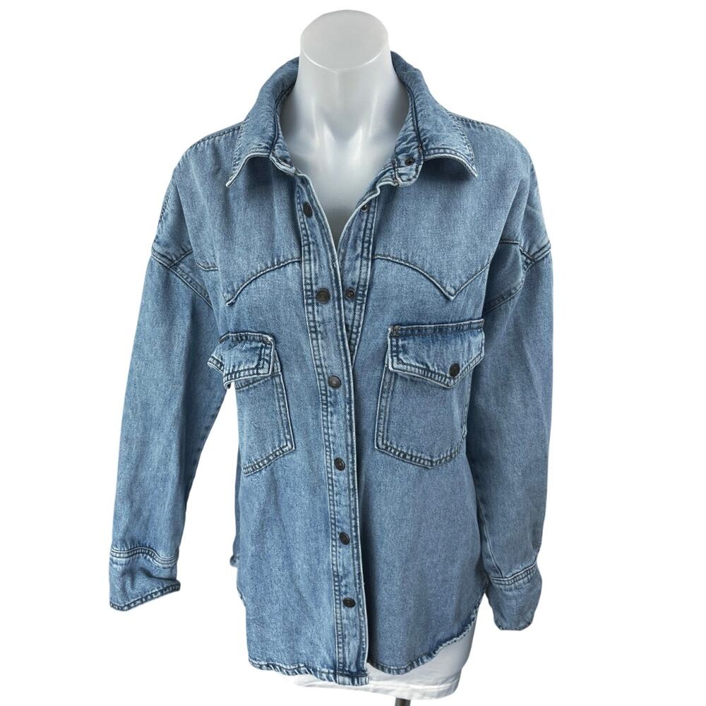 Mango MNG Blue Long Sleeve Collar Button Down Denim Jean Trucker Coat Jacket S